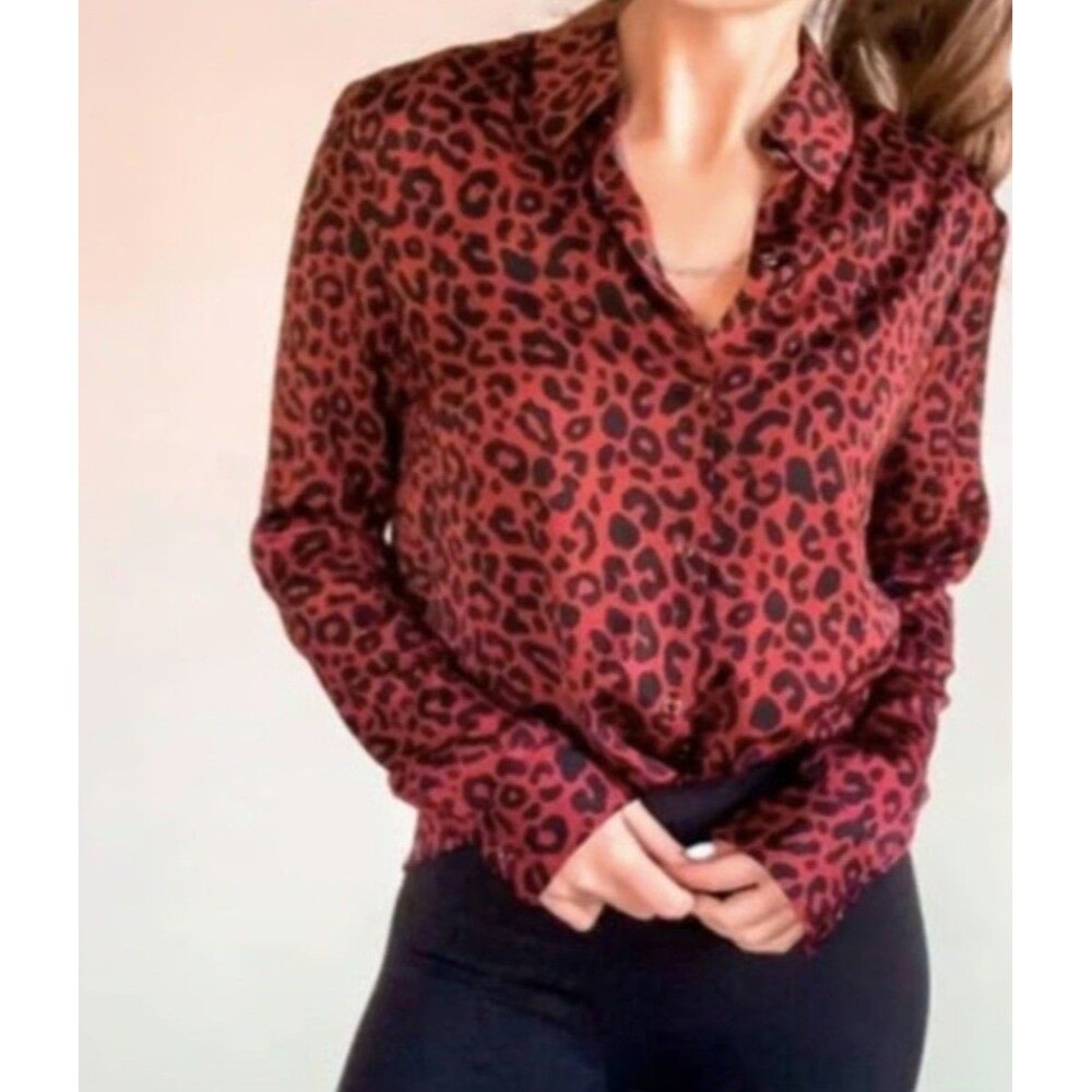 Evereve David Lerner Cheetah Print Blouse Red Black Size L Mob Boss Workwear